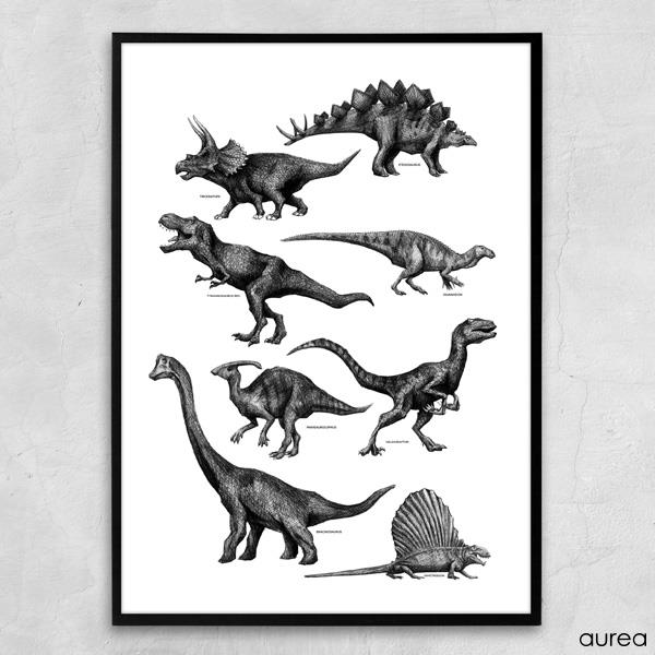 Plakat - Dinosaurer, sort/hvid