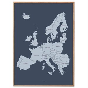 plakat med kort over europa i blå farver, europakort