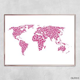 plakat verdenskort lavet i hjerter
