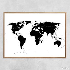 Plakat med klassisk verdenskort i sort og hvid