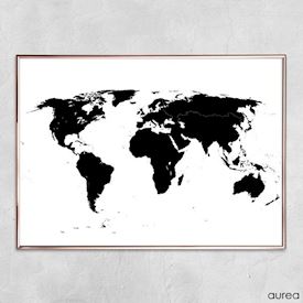 Sort og hvid verdenskort plakat til hjemmet, 