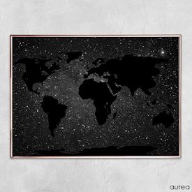 Sort verdenskort plakat med stjernehimmel