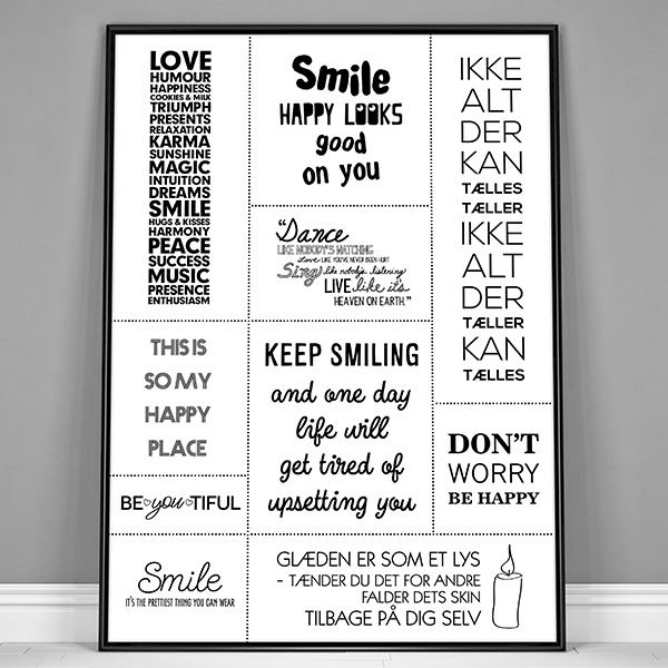 Plakat med citater om glæde, sort og hvid