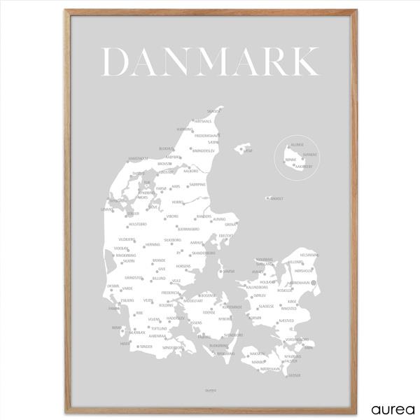 Plakat - Danmarkskort grå - plakat med Danmark