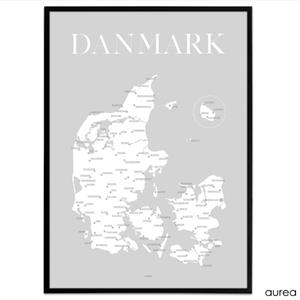 Danmarkskort plakat - grå og hvide nuancer