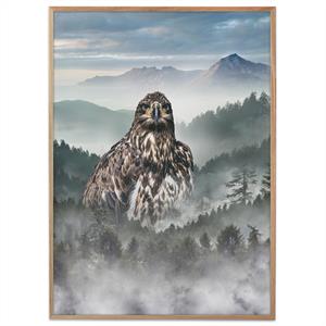 plakat med ørn i en tåget skov med bjerge i baggrunden