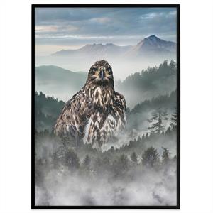 plakat med ørn i en tåget skov med bjerge i baggrunden
