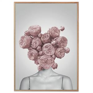 plakat med kvinde der har lyserøde blomster som hoved