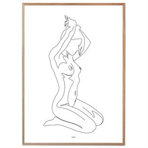 Plakat i one line der forestiller en nøgen kvinde, som sidder på sine hæle og retter sit hår