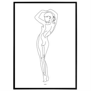 Plakat i one line der forestiller en nøgen kvinde i fuld figur med hænderne over hovedet.