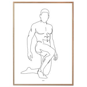 Plakat i one line der forestiller en nøgen mand, der knæler.