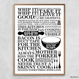 Plakat med citater til køkkenet, sort/hvid
