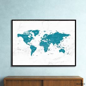 Plakat med verdenskort, blå