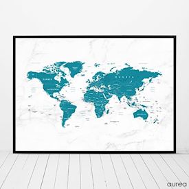 Plakat med verdenskort til hjemmet, blå på marmor