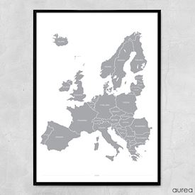 plakat med kort over europa i grå farver, europakort
