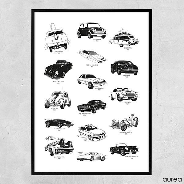 Plakat med kendte biler fra film og tv