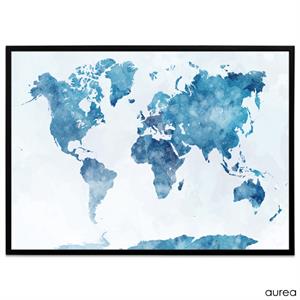 Plakat med verdenskort, effekt i blå
