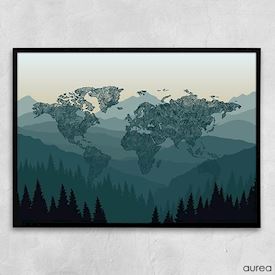 Plakat med verdenskort til hjemmet, grafisk skov