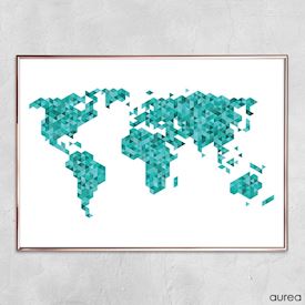 plakat med verdenskort i blå/grønne farver til hjemmet