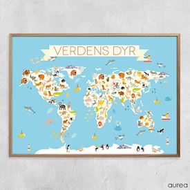 Plakat med verdenskort - Verdens dyr