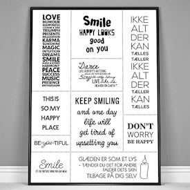 Plakat med citater om glæde, sort og hvid