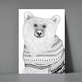 Postkort A5 - Bjørn med strikket halstørklæde
