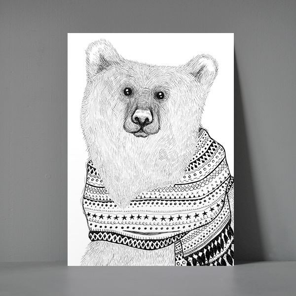 Postkort A5 - Bjørn med strikket halstørklæde