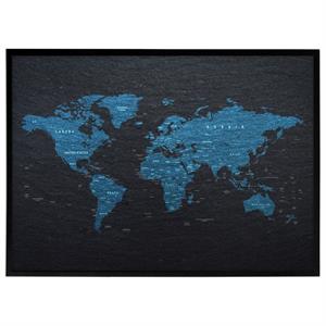 Plakat med verdenskort, blå på sort skifer